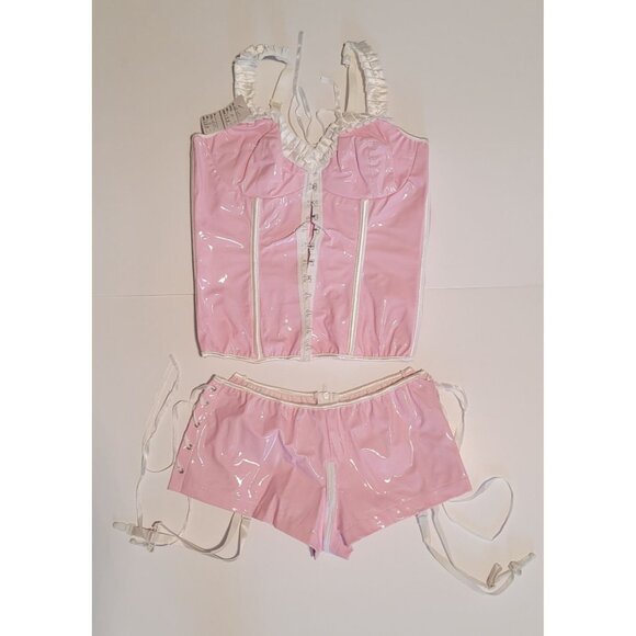 Women Sexy Pink & White PVC Bustier Corset Short Medium Back Lacing LB1151 - Picture 2 of 7